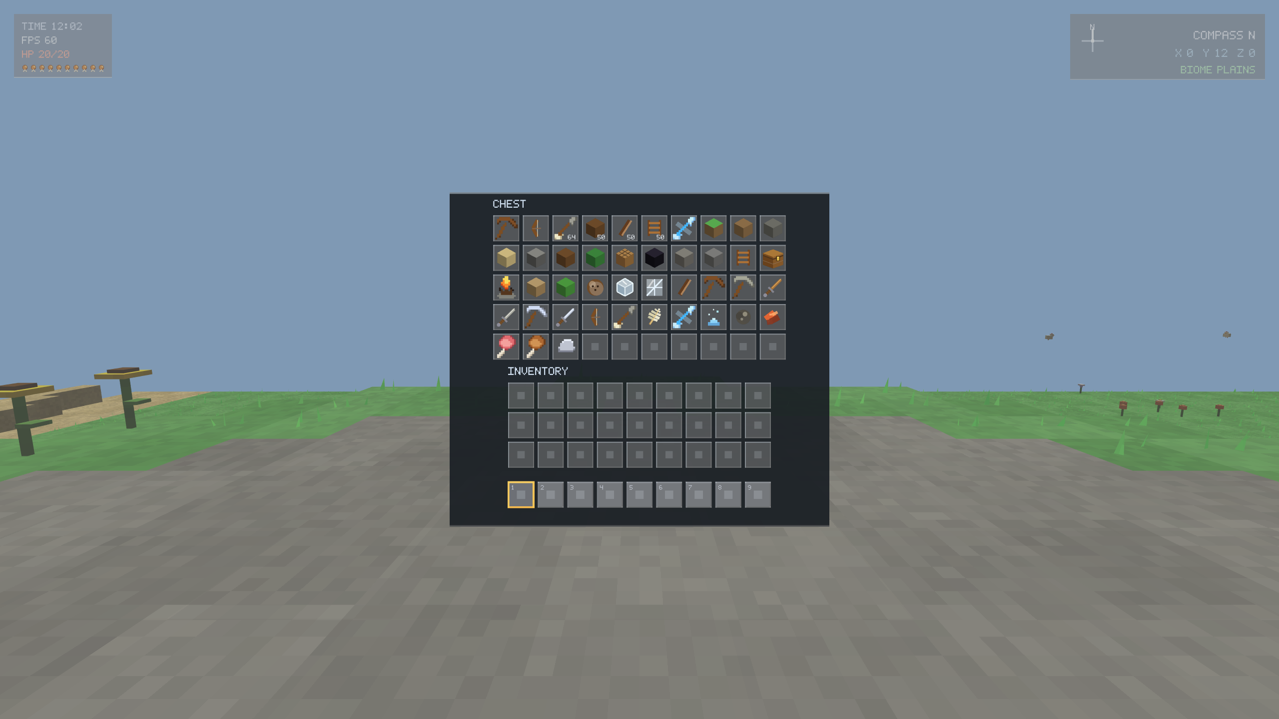The in-game chest and inventory screen filled with current blocks, tools, weapons, and food