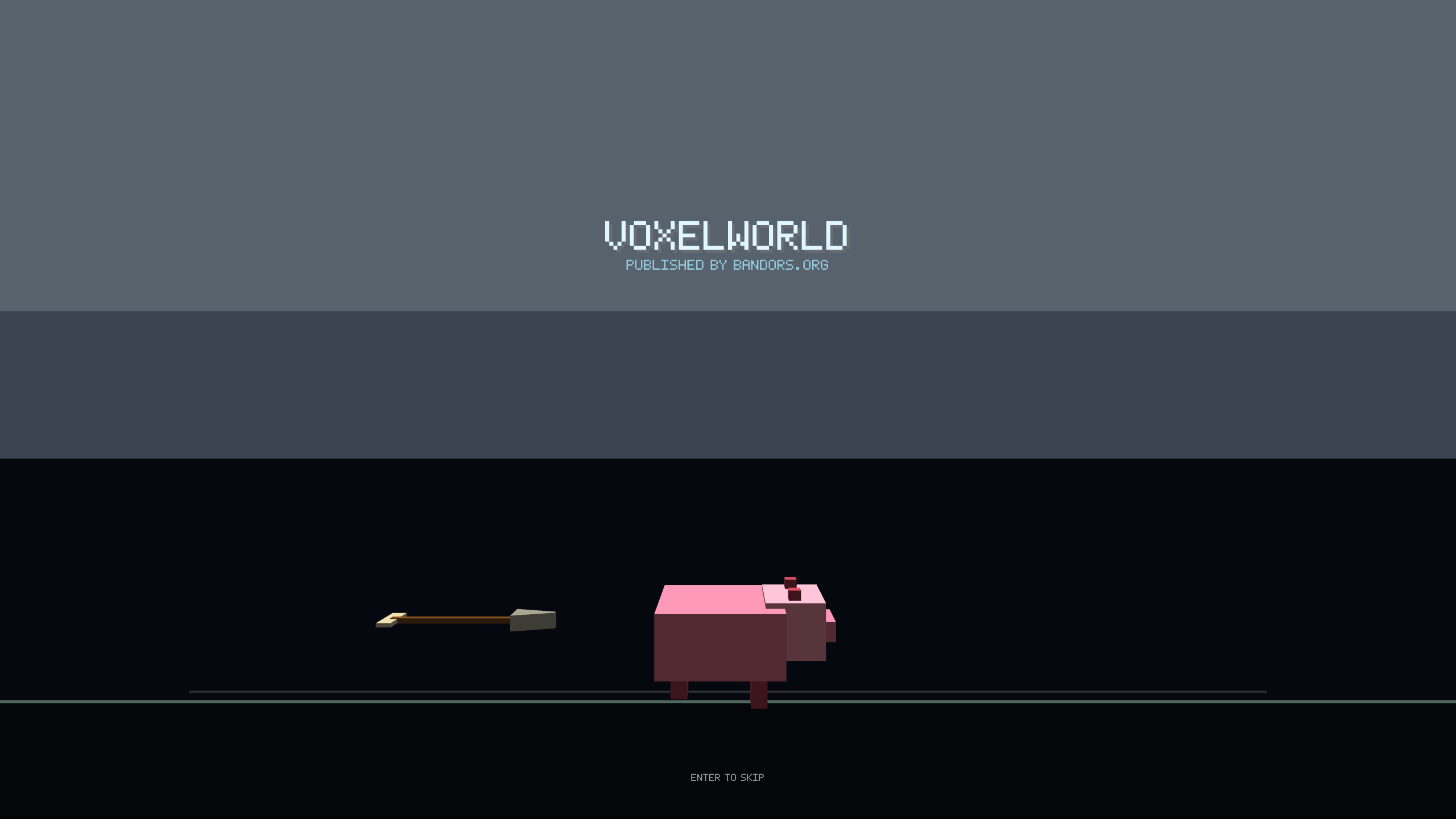 Voxel Slop opening splash showing a blocky pig and an incoming arrow